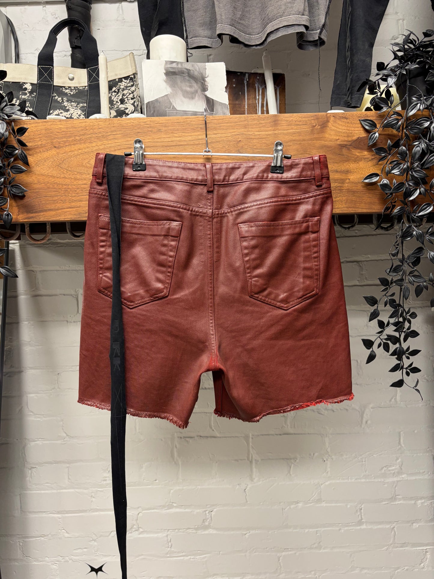Rick Owens Dark Cherry ‘Trucker Cut-Off’ Waxed Pentagram Denim Shorts