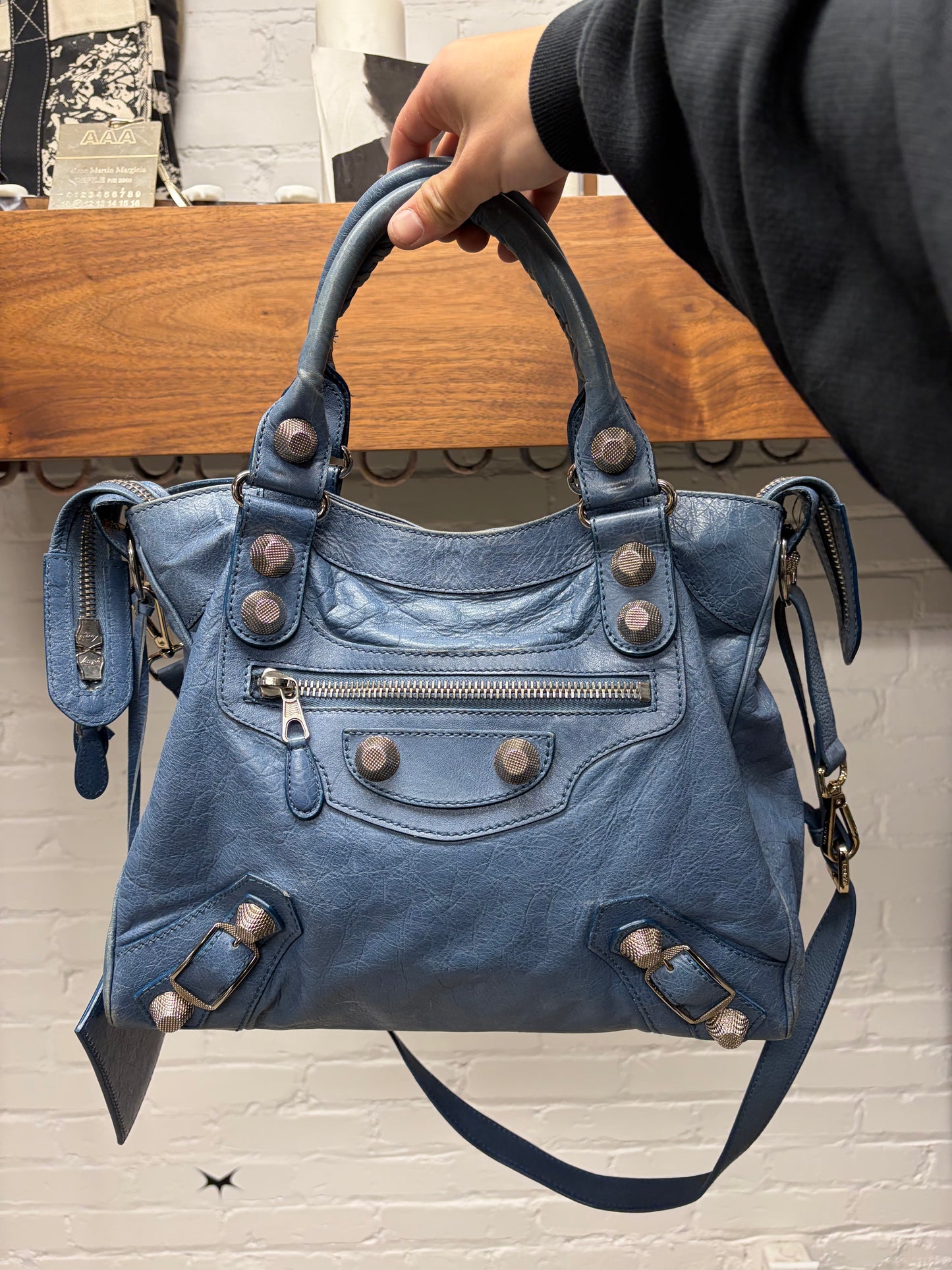 Balenciaga ‘Giant’ Blue Lambskin ‘City Bag’ with Silver Hardware