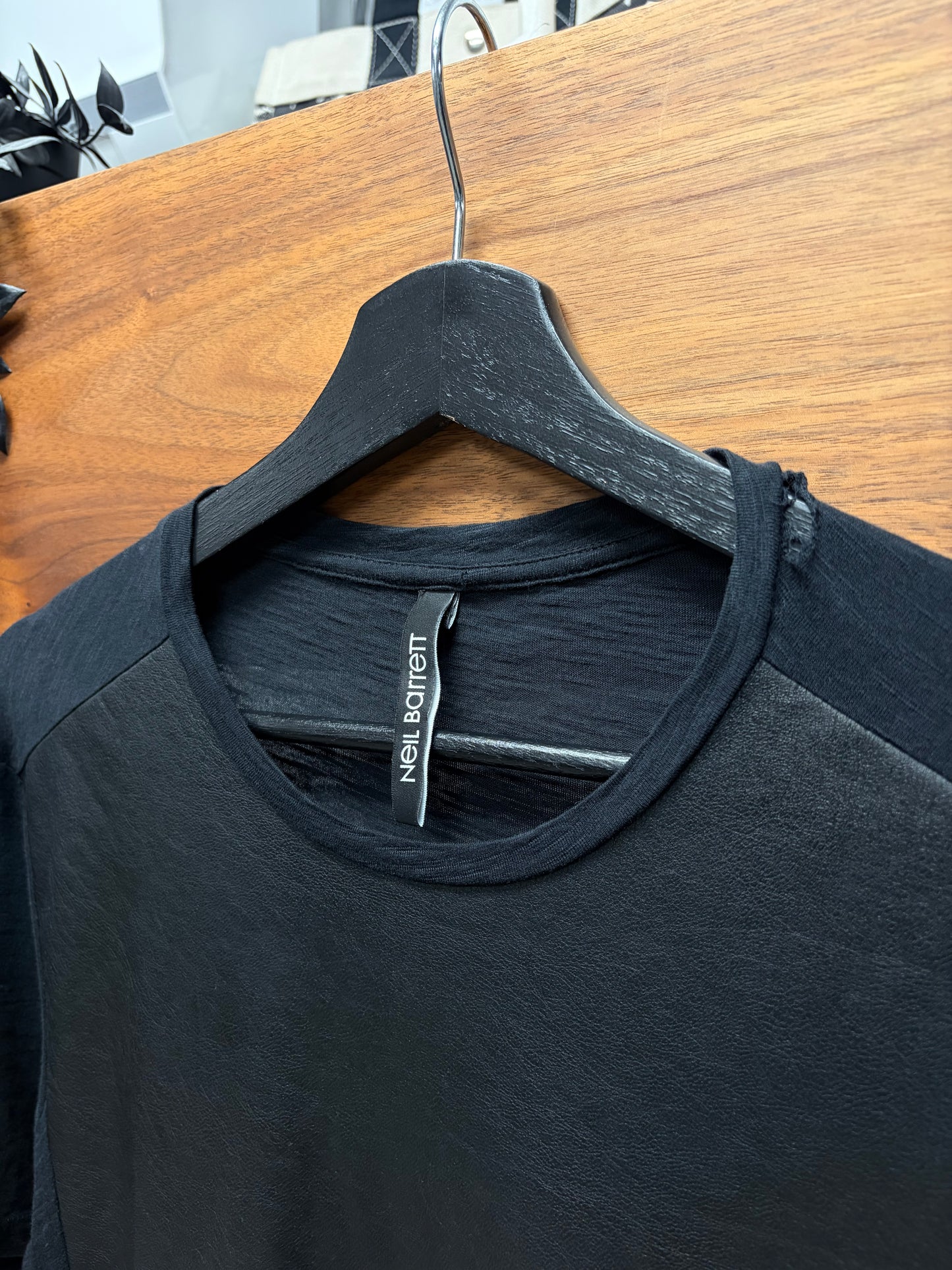 Neil Barrett Lambskin Leather Panelled Black Cotton T-Shirt