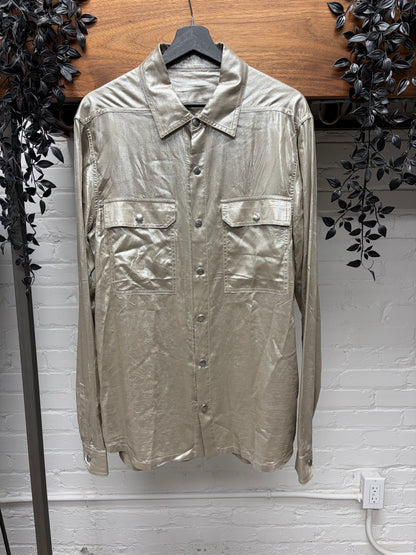 SS2022 Rick Owens ‘Fogachine’ Metallic Effect Coated Silver Shirt with Back Shoulder Strap