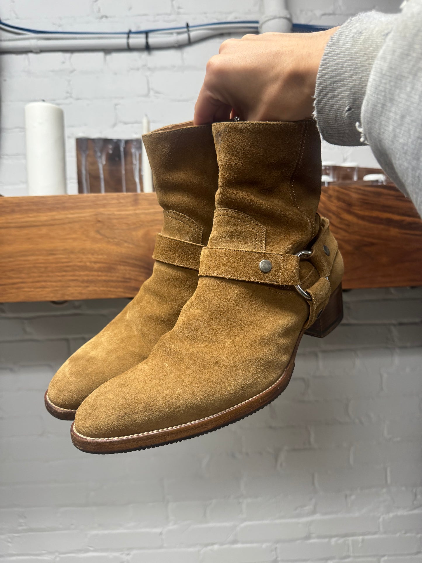 Saint Laurent ‘Wyatt’ Brown Suede Harness Boots