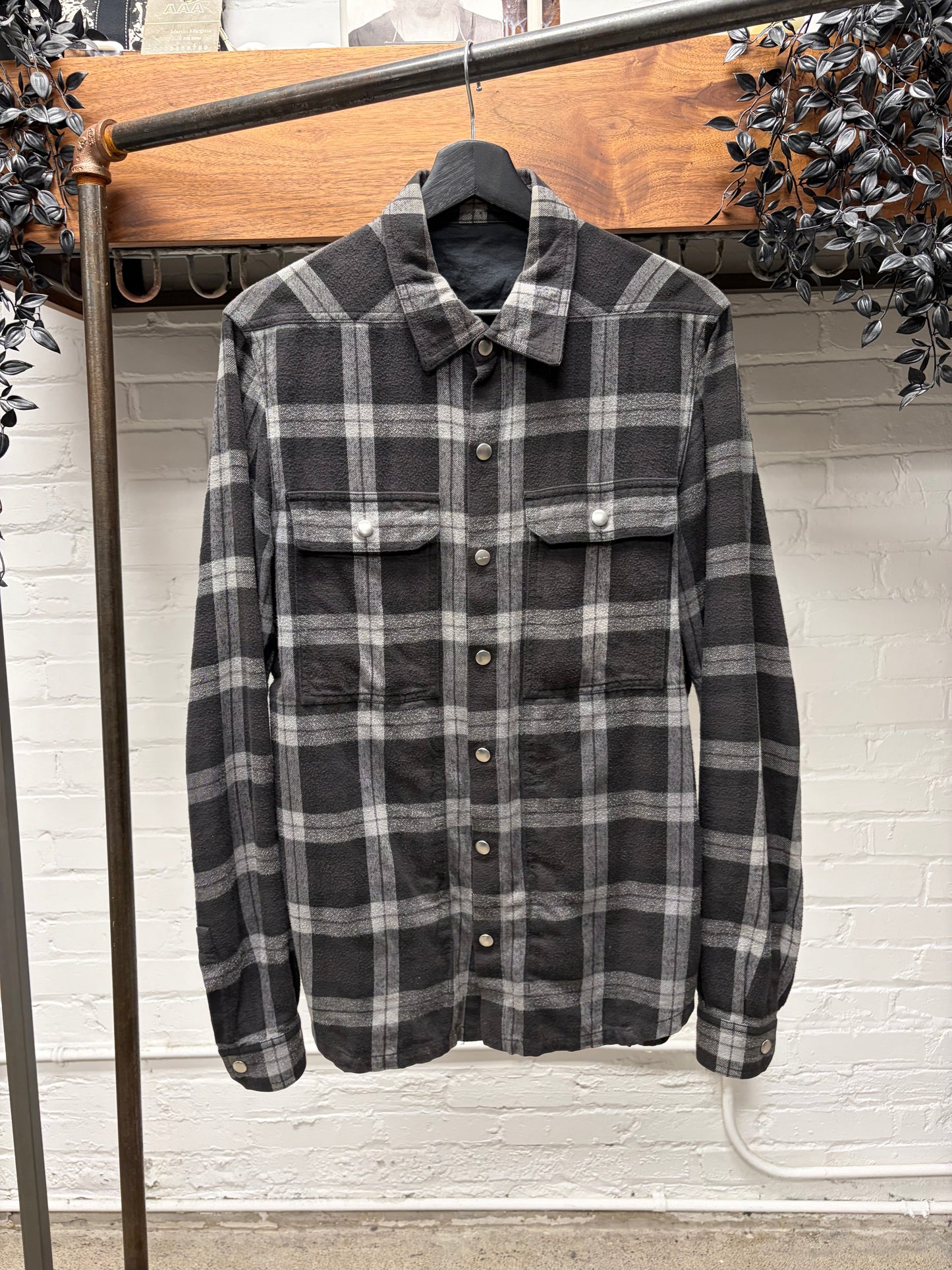 SS2019 Rick Owens ‘Babel’ Plaid Flannel Shoulder-Strap Work Shirt