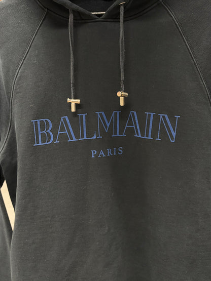 Balmain Black/Blue Logo Black Cotton Pullover Hoodie