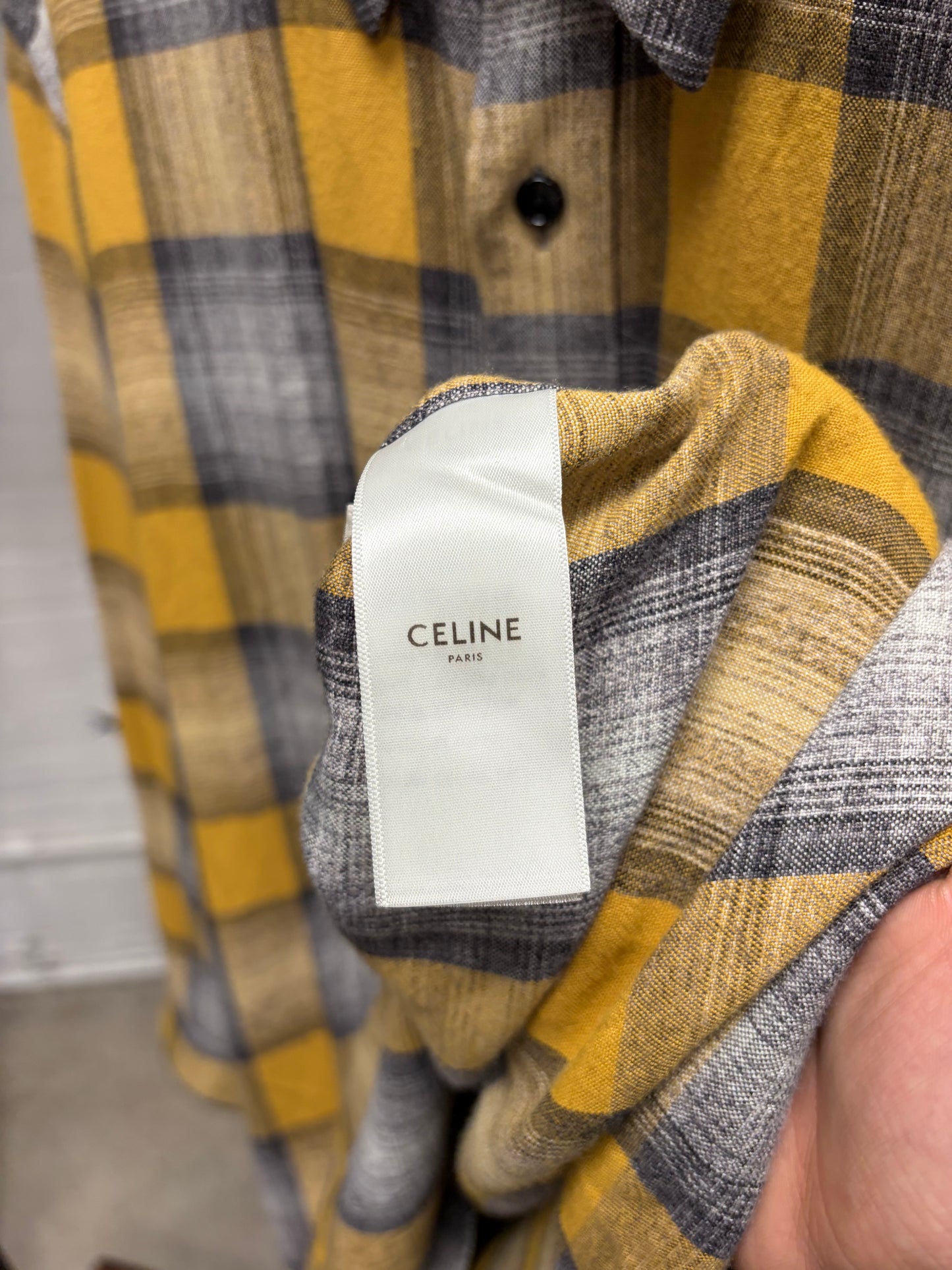 Celine Yellow/Grey Plaid Button Up Flannel Collared Shirt