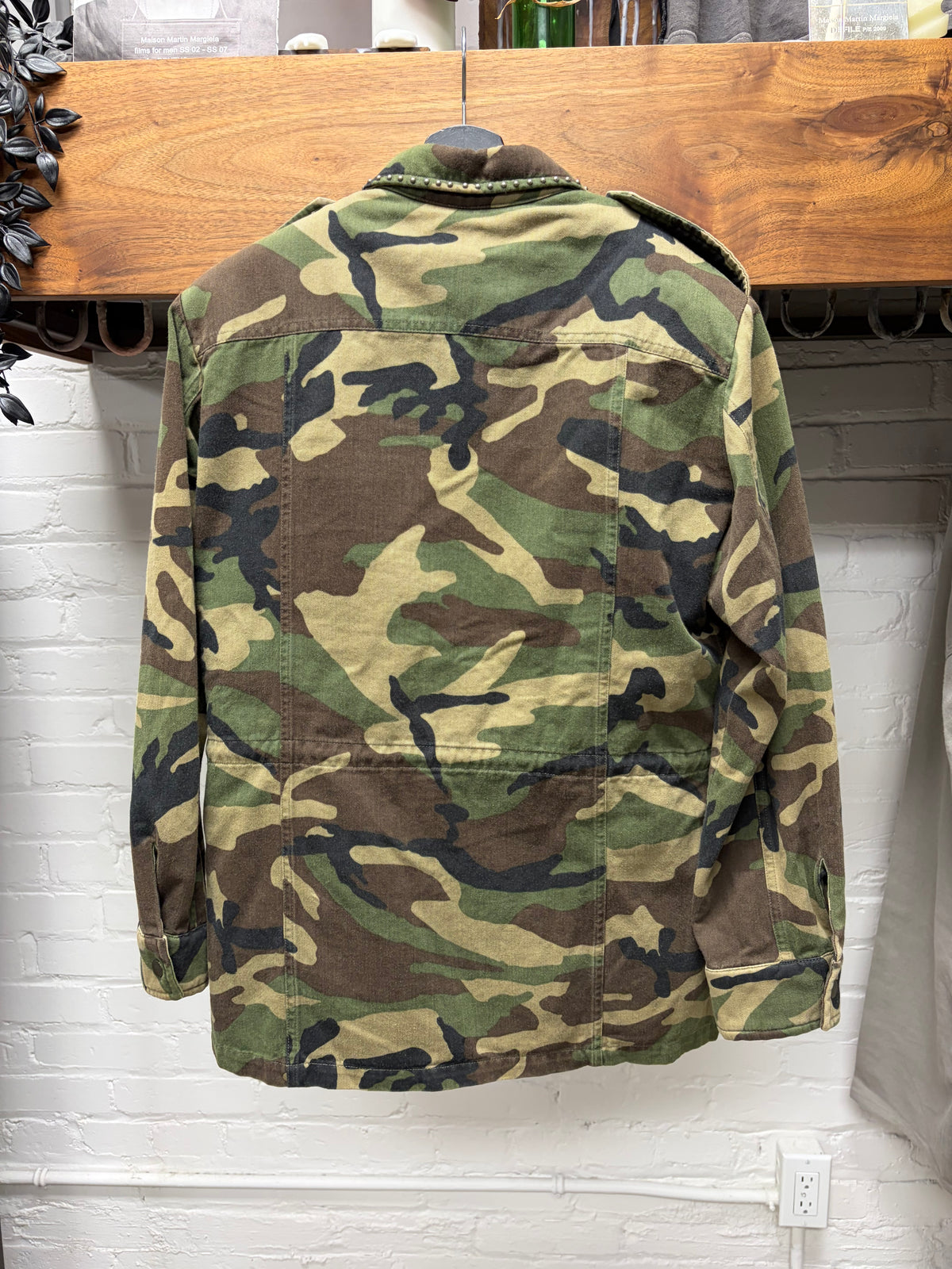 2019 Saint Laurent Studded Military Camo Jacket with Shearling Liner