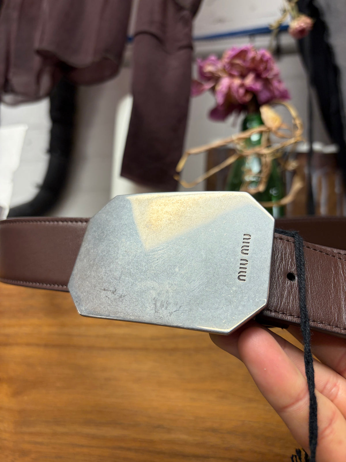Miu Miu Brown Calfskin Leather ‘Metallic Plaque’ Octagonal Buckle Belt