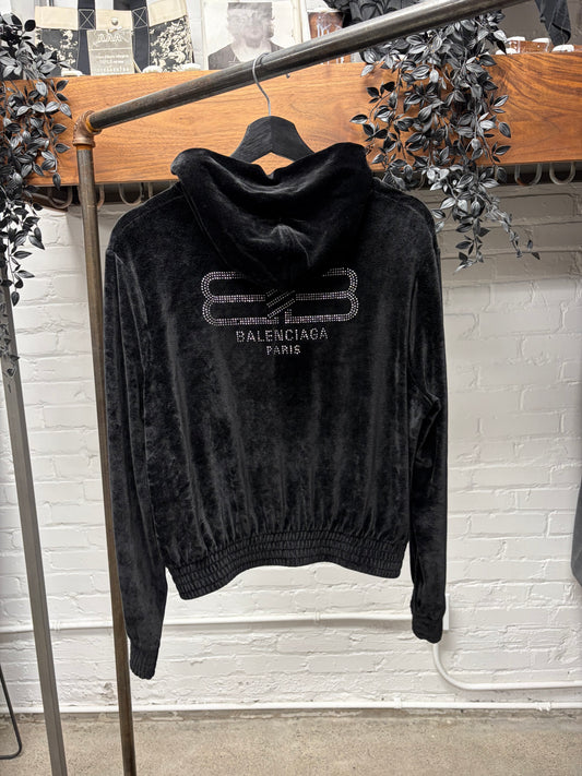 2022 Balenciaga ‘BB Rhinestone Logo’ Black Velour Hoodie