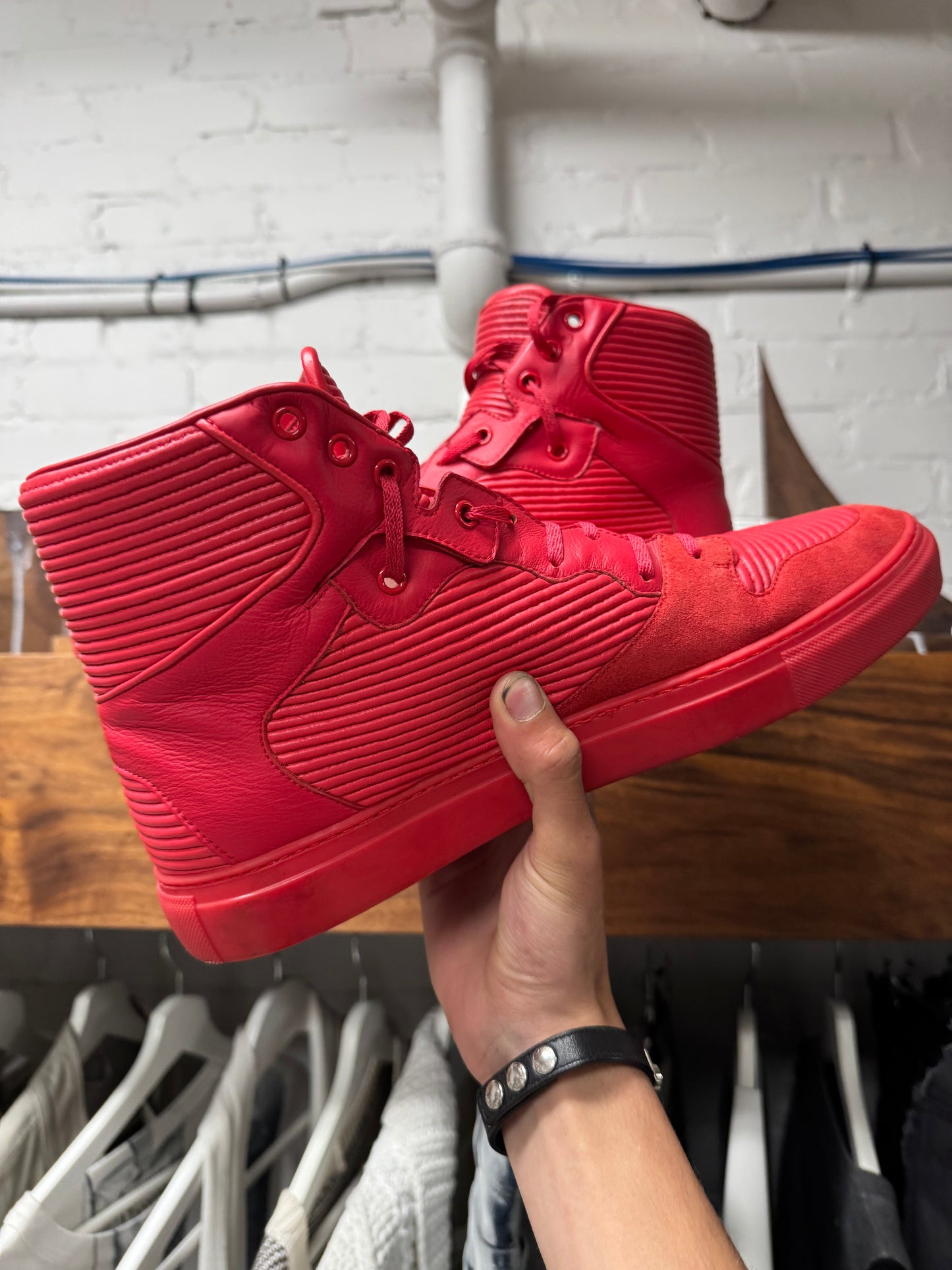 Balenciaga ‘Cote’ Pleated Red Leather High Top Sneakers