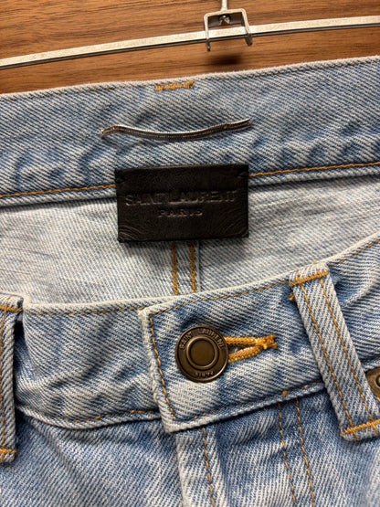 2017 Saint Laurent ‘D02’ Pocket Logo Light Wash Blue Distressed Skinny Jeans
