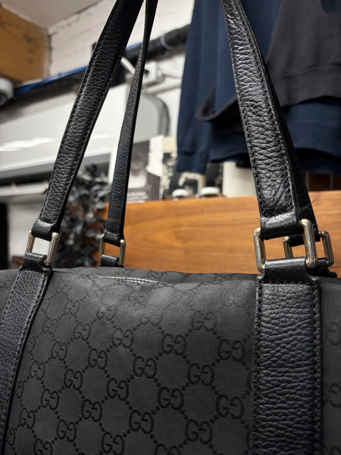 Gucci ‘Guccisima’ Black Canvas Monogram Shoulder Bag with Pink Horsebit Interior.