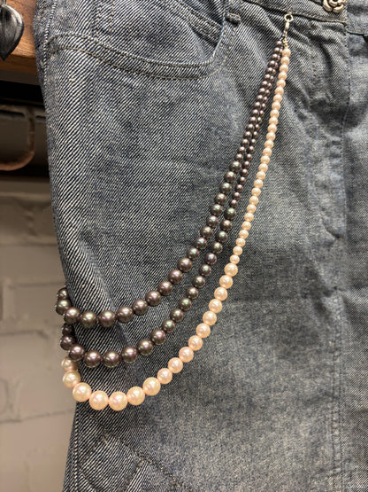 SS2002 Chanel Cruise Pearl ‘Wallet Chain’ Denim Embellished Midi Skirt