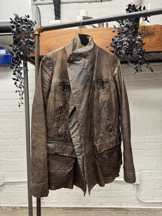 2000s Rick Owens O&M Era High Neck Collared ‘Dust’ Leather Jacket.