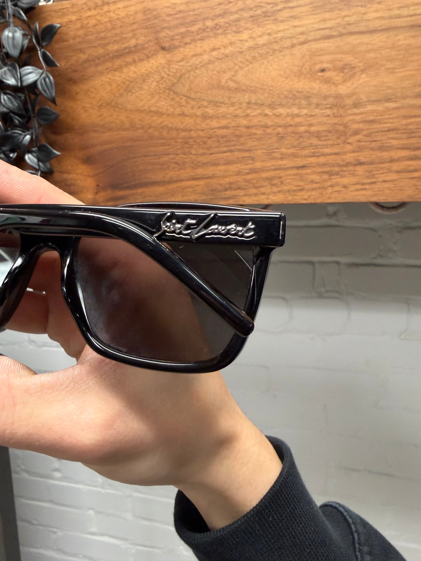 Saint Laurent Black/Silver ‘Cursive Logo’ Square Shape Black Tinted Sunglasses
