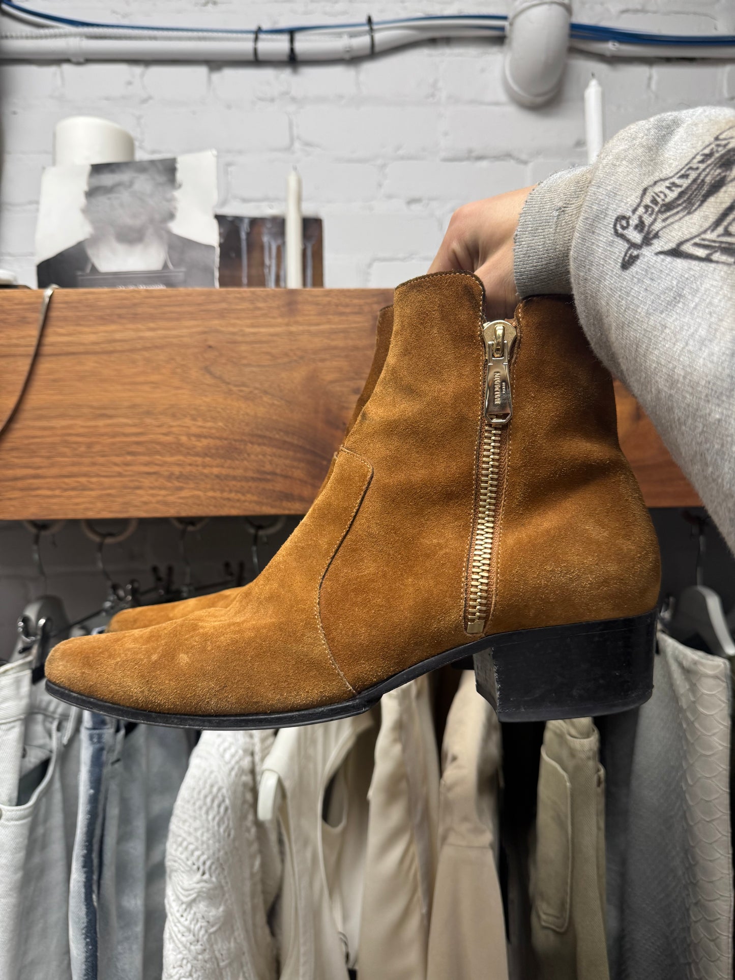 Balmain ‘Anthos’ Suede Double Side Zip Brown Pointed Toe Boots