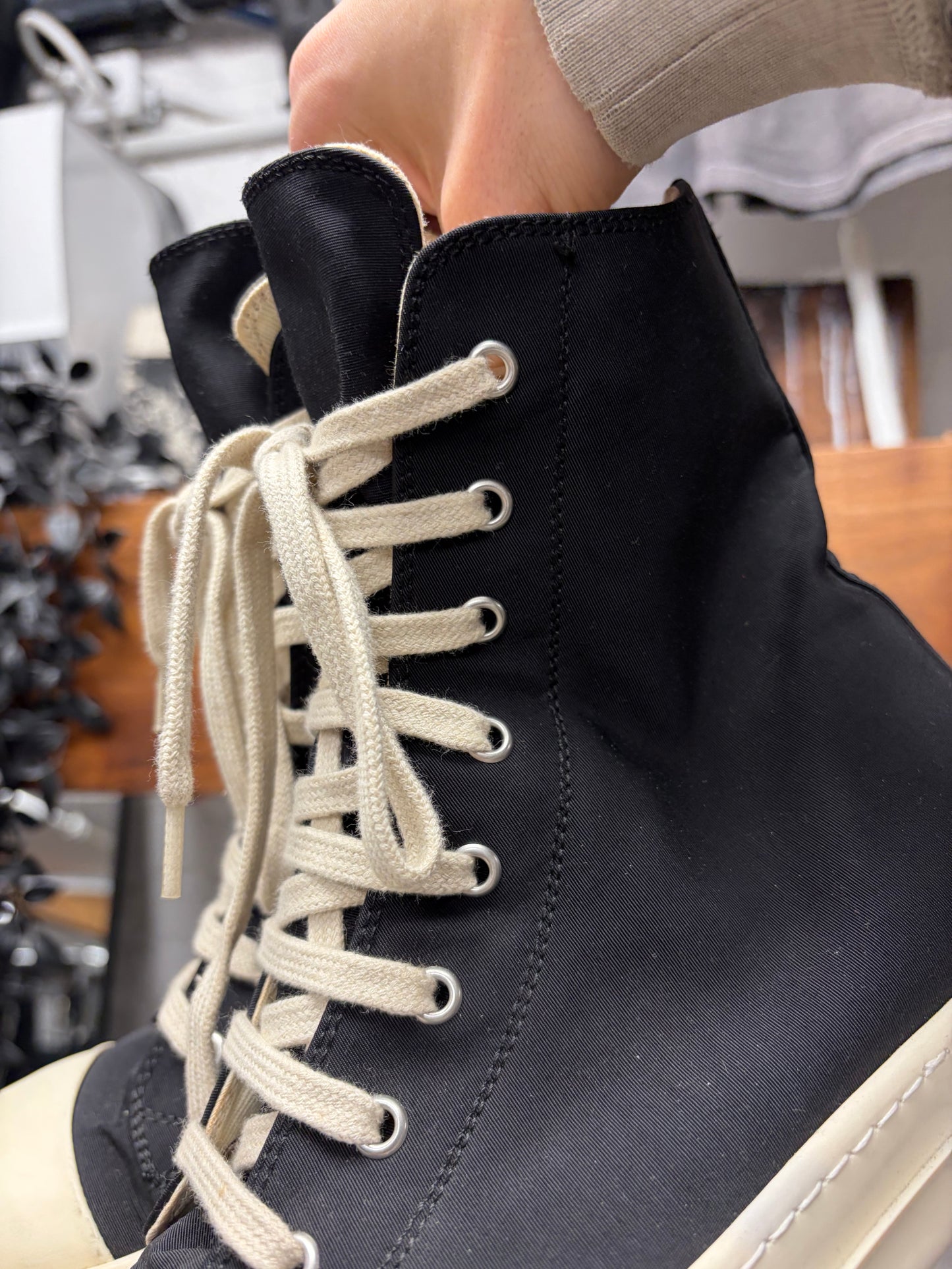 Rick Owens Black Canvas ‘Ramones’ Black/Milk High Top Sneakers