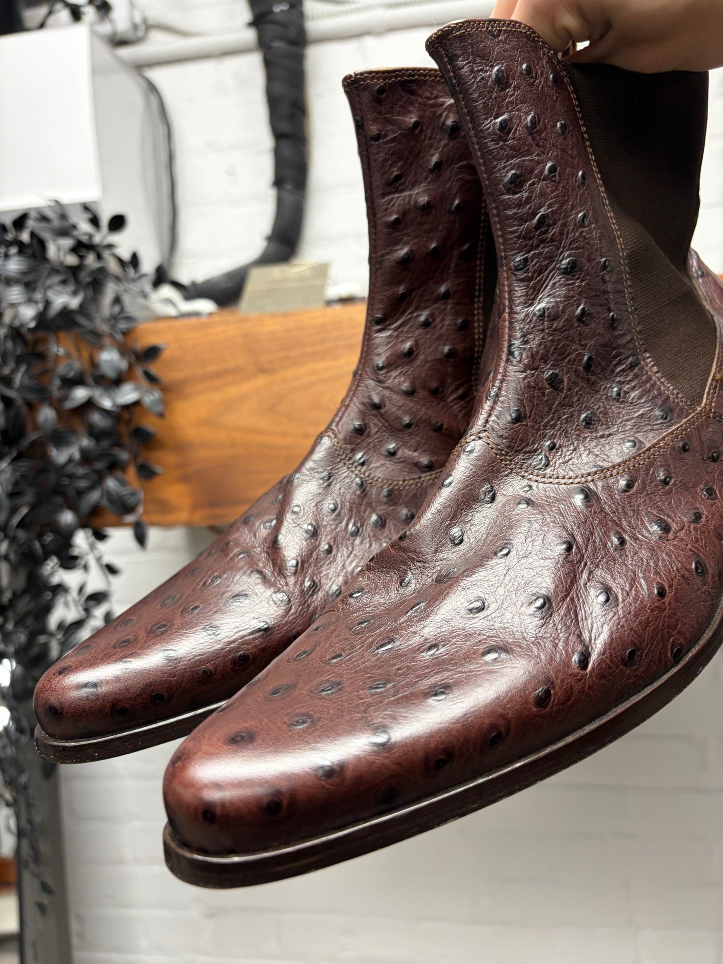 Vintage Versace ‘Ostrich Leather’ Brown Pointed Toe Boots