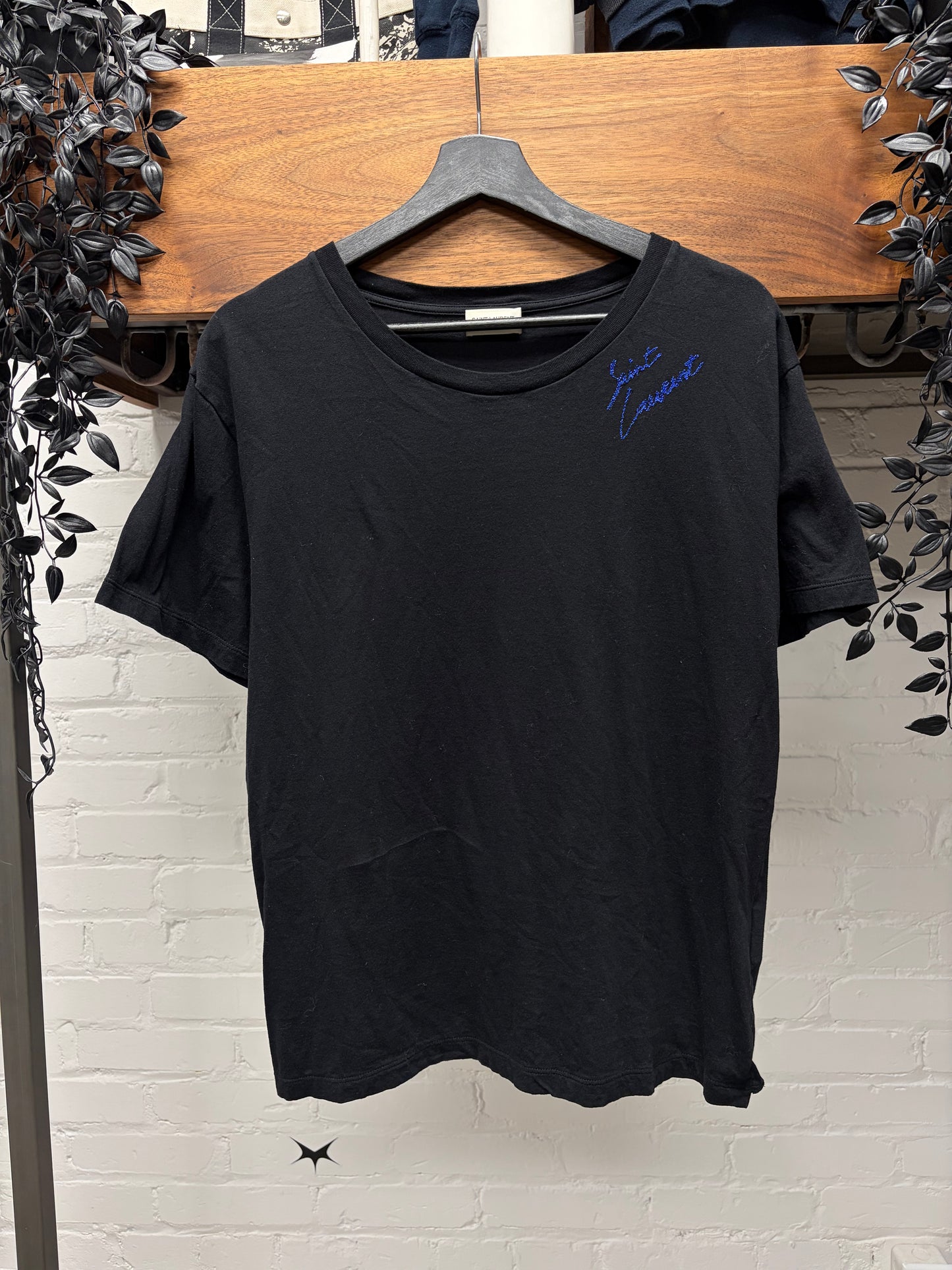 2017 Saint Laurent Blue Cursive’ Logo’ Embroidered Black/Blue T-Shirt