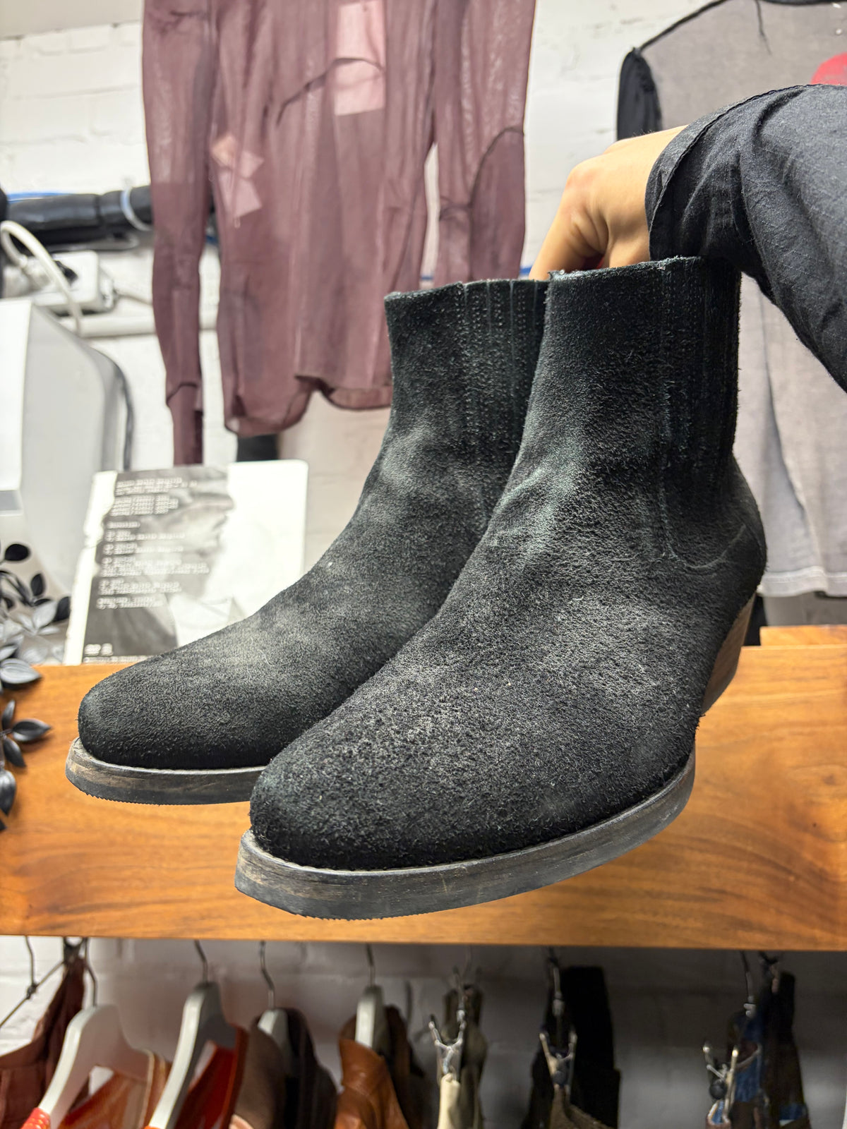 Our Legacy Black Hairy Suede ‘Cuban’ Pointed Toe Chelsea Boots