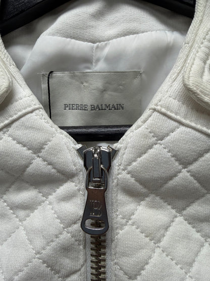 Balmain White ‘Napoleon’ Waistline Cropped Cotton Bomber Jacket