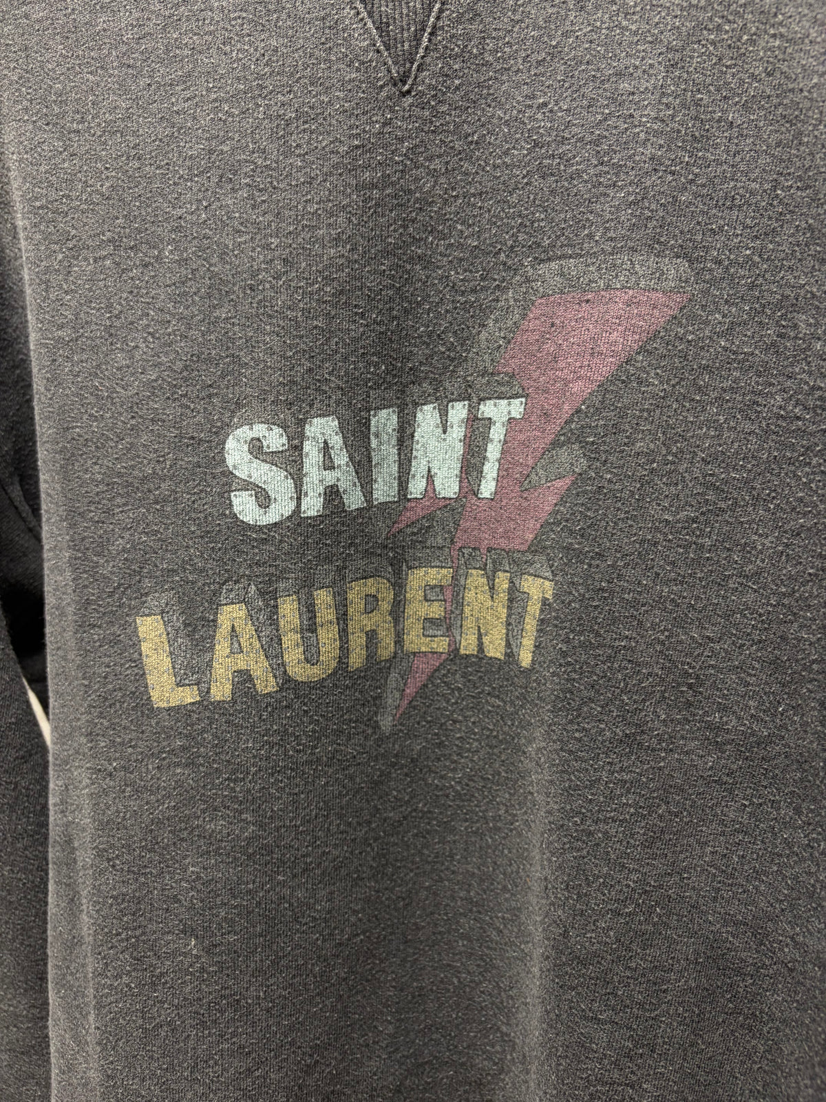 2017 Saint Laurent ‘Lightning Bolt Logo’ Grey Vintage Inspired Graphic Sweatshirt