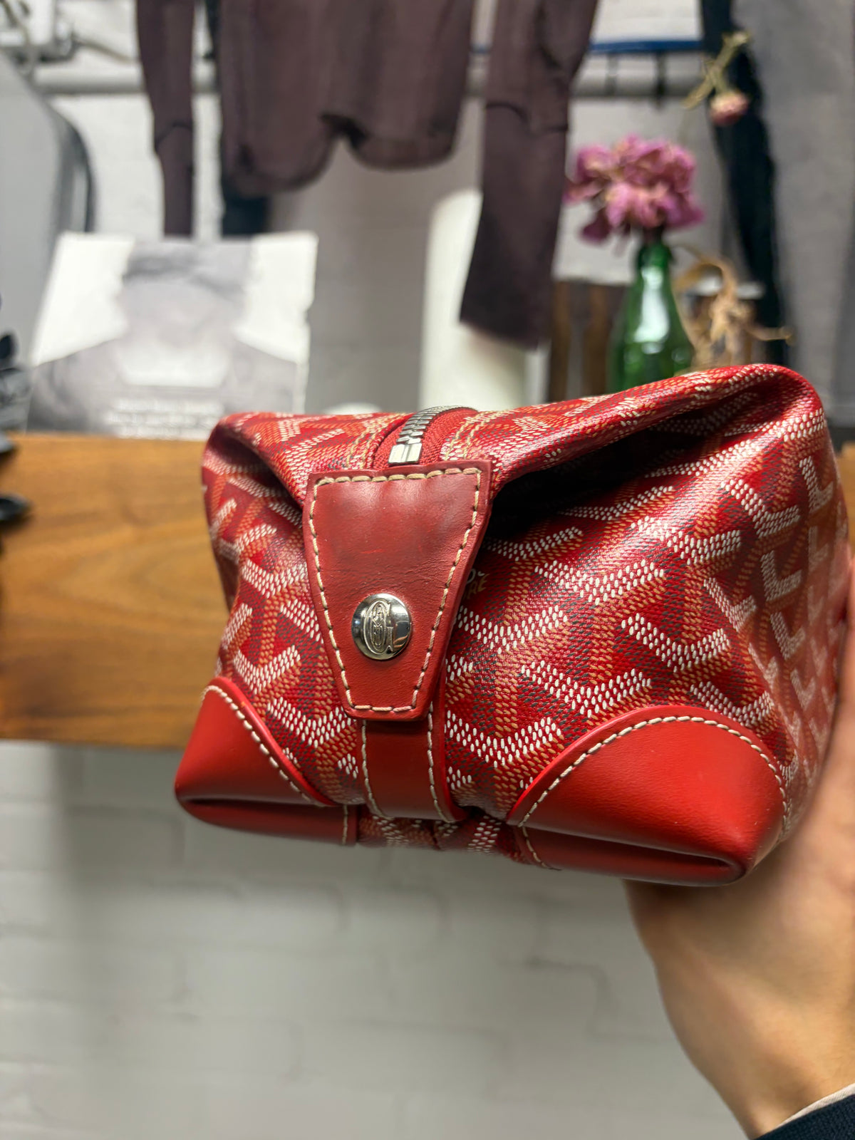 Goyard ‘Boeing 25’ Red Monogram Canvas Bag with Silver Hardware