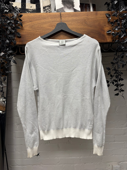 SS2008 Chanel Identification Ribbed White Knit Sweater