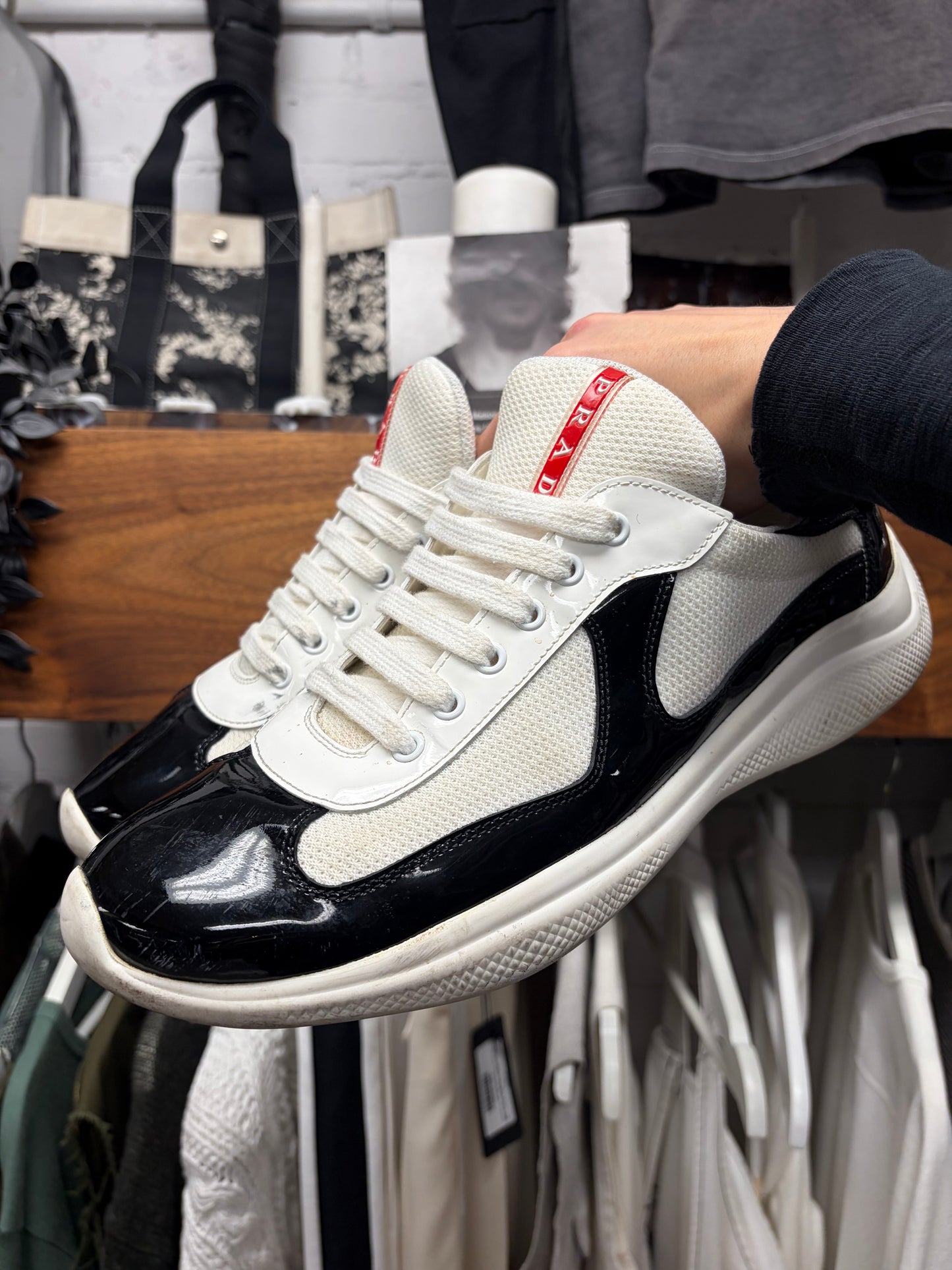 Prada ‘Americas Cup’ Navy/White Patent Leather Low Top Sneakers
