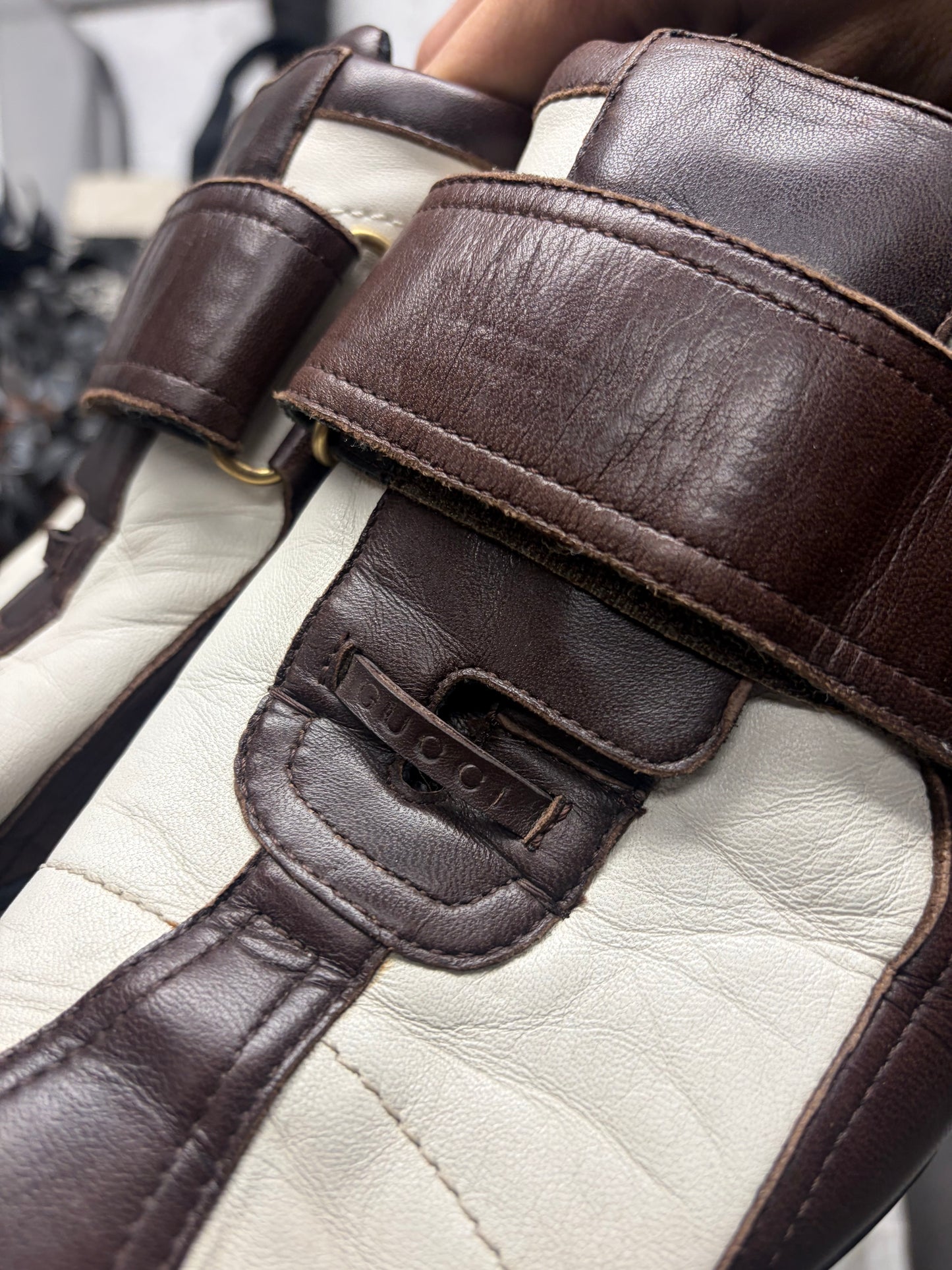 Vintage 2000s Gucci Brown/White Leather Velcro Strap Sneakers