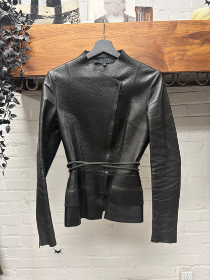 SS1999 Gucci by Tom Ford Leather Rope Belted Black Lambskin Jacket