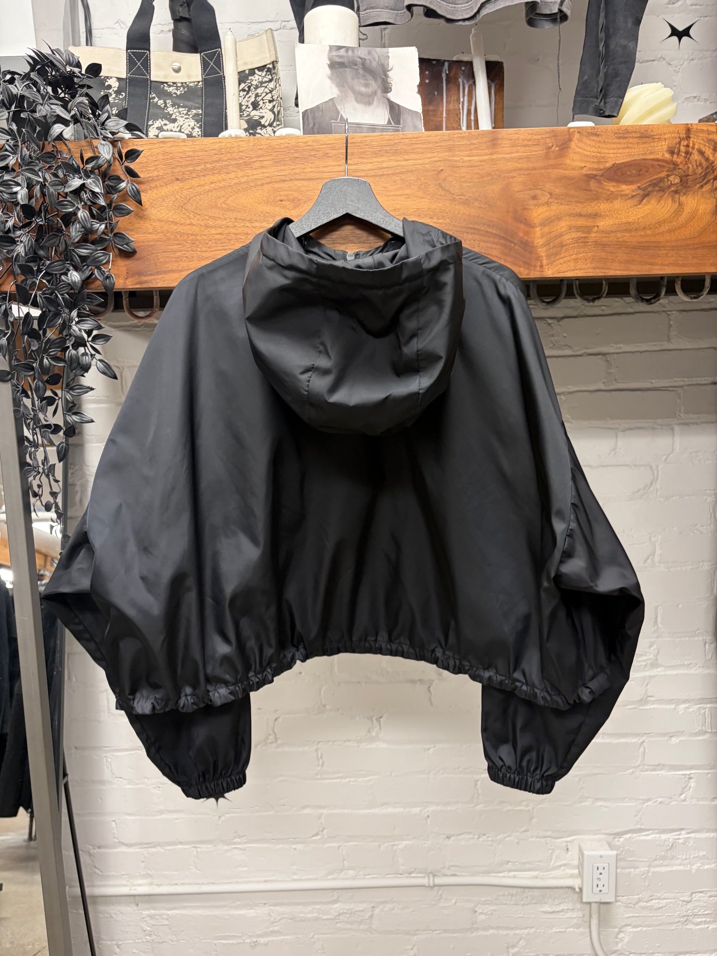 Prada Saffiano Logo Cropped Black Nylon Hooded Windbreaker