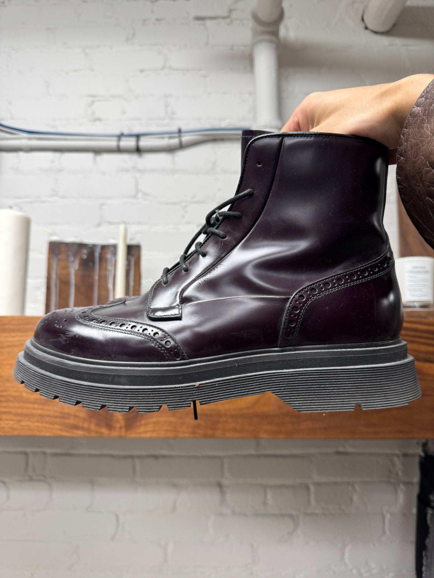 Prada ‘Spazzolato’ Brogue Dark Purple Leather Ankle Boots