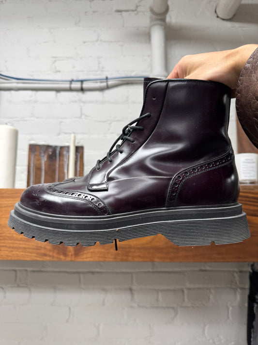 Prada ‘Spazzolato’ Brogue Dark Purple Leather Ankle Boots