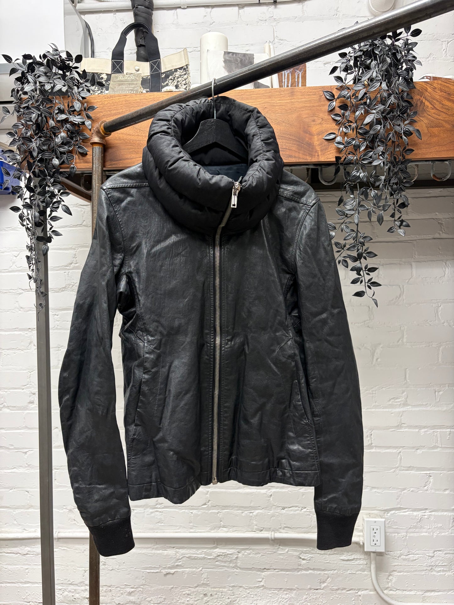 Rick Owens High Neck Leather/Down Filled Jacket