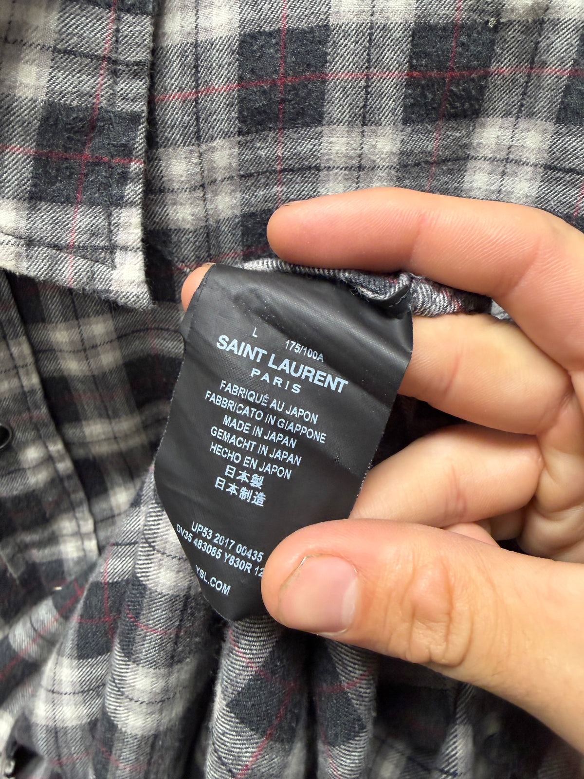 2017 Saint Laurent Pearl Button Snap Grey Plaid Flannel Shirt