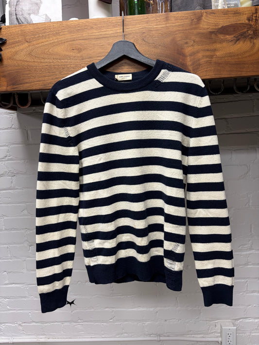 2016 Saint Laurent by Hedi Slimane Distressed Cashmere Navy/White Knit Sweater