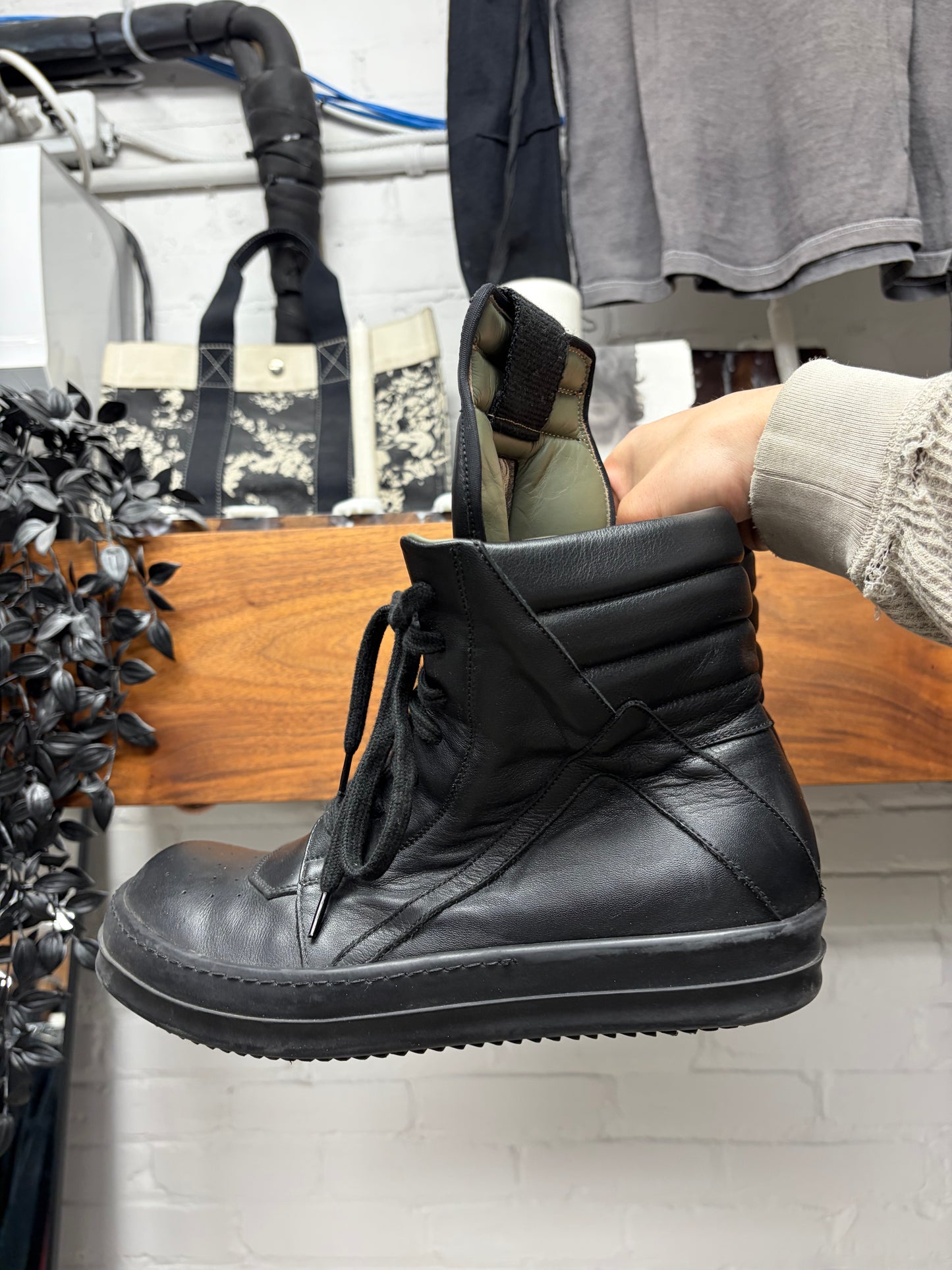 Rick Owens Black Leather ‘Geobasket’ High Top Sneakers