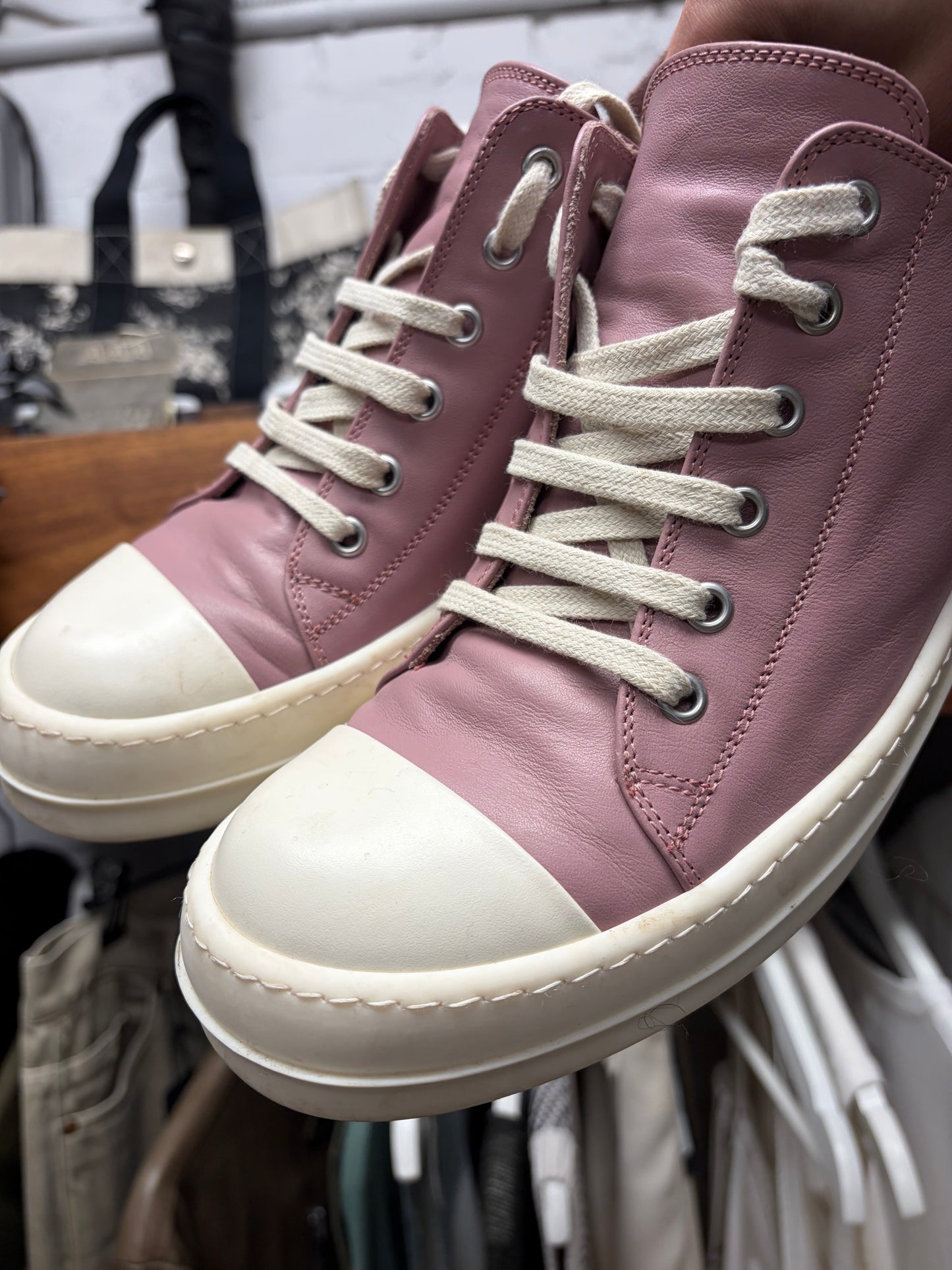 Rick Owens Pink/Milk Leather ‘Ramones’ Low Top Sneakers