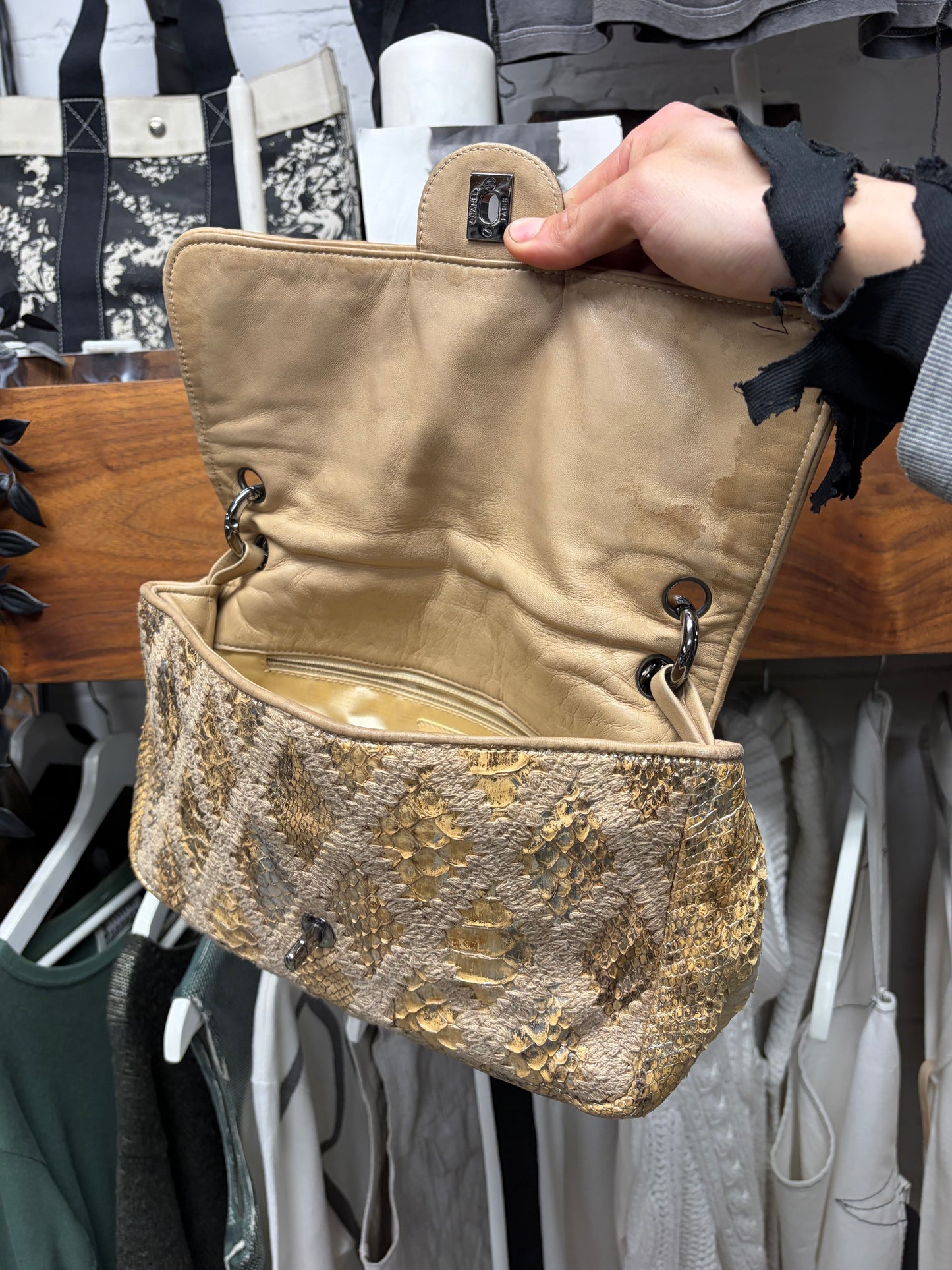 Chanel Genuine Python Leather Gold Crochet Classic Flap Topstitch Shoulder Bag