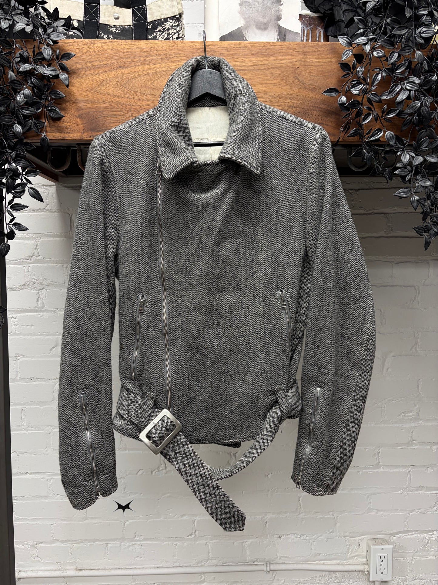 2000s Helmut Lang ‘Herringbone’ Wool Biker Coat with Belted Closure