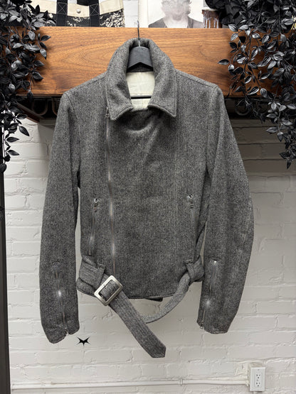 2000s Helmut Lang ‘Herringbone’ Wool Biker Coat with Belted Closure