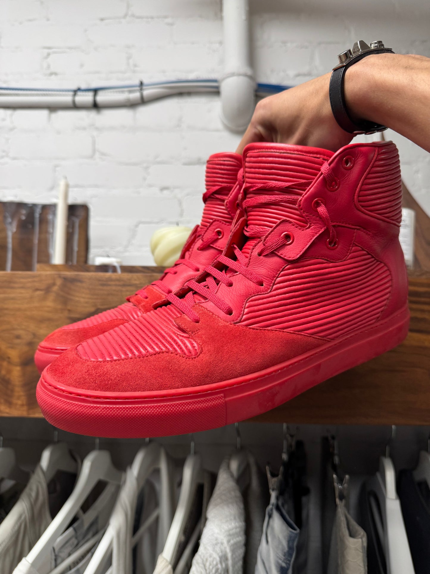 Balenciaga ‘Cote’ Pleated Red Leather High Top Sneakers