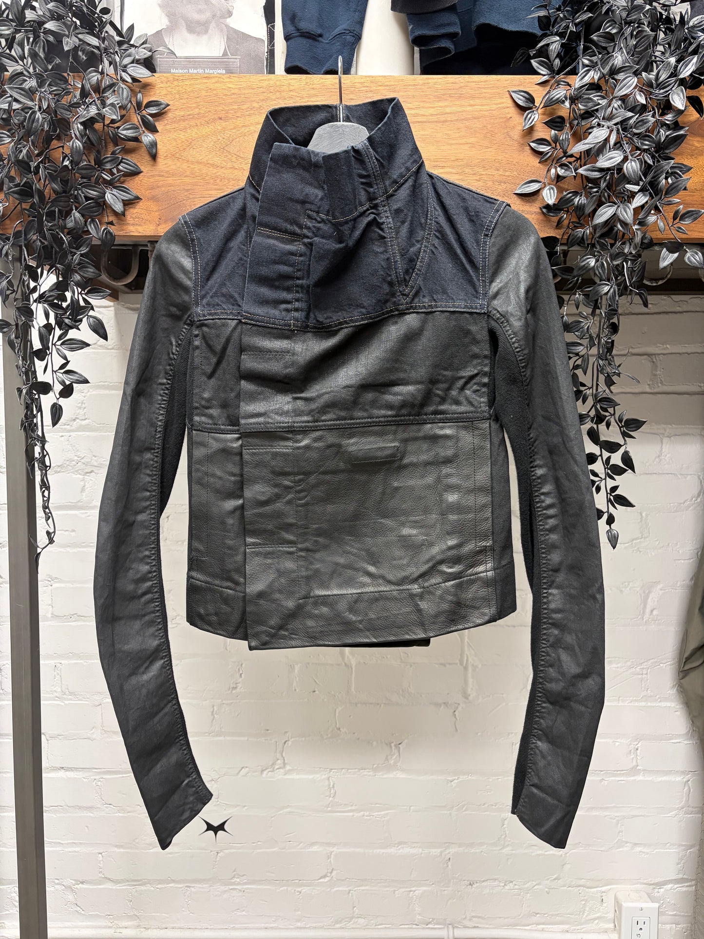 SS2016 Rick Owens ‘Cyclops’ Leather/Raw Denim High Neck Jacket