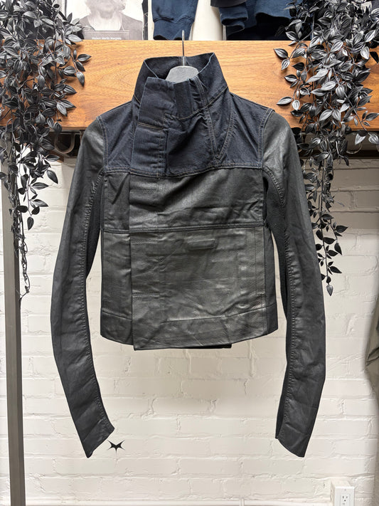 SS2016 Rick Owens ‘Cyclops’ Leather/Raw Denim High Neck Jacket