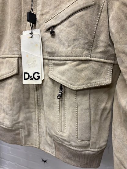 Dolce and Gabbana Tan Suede Calfskin Leather Zip-Up Collared Jacket