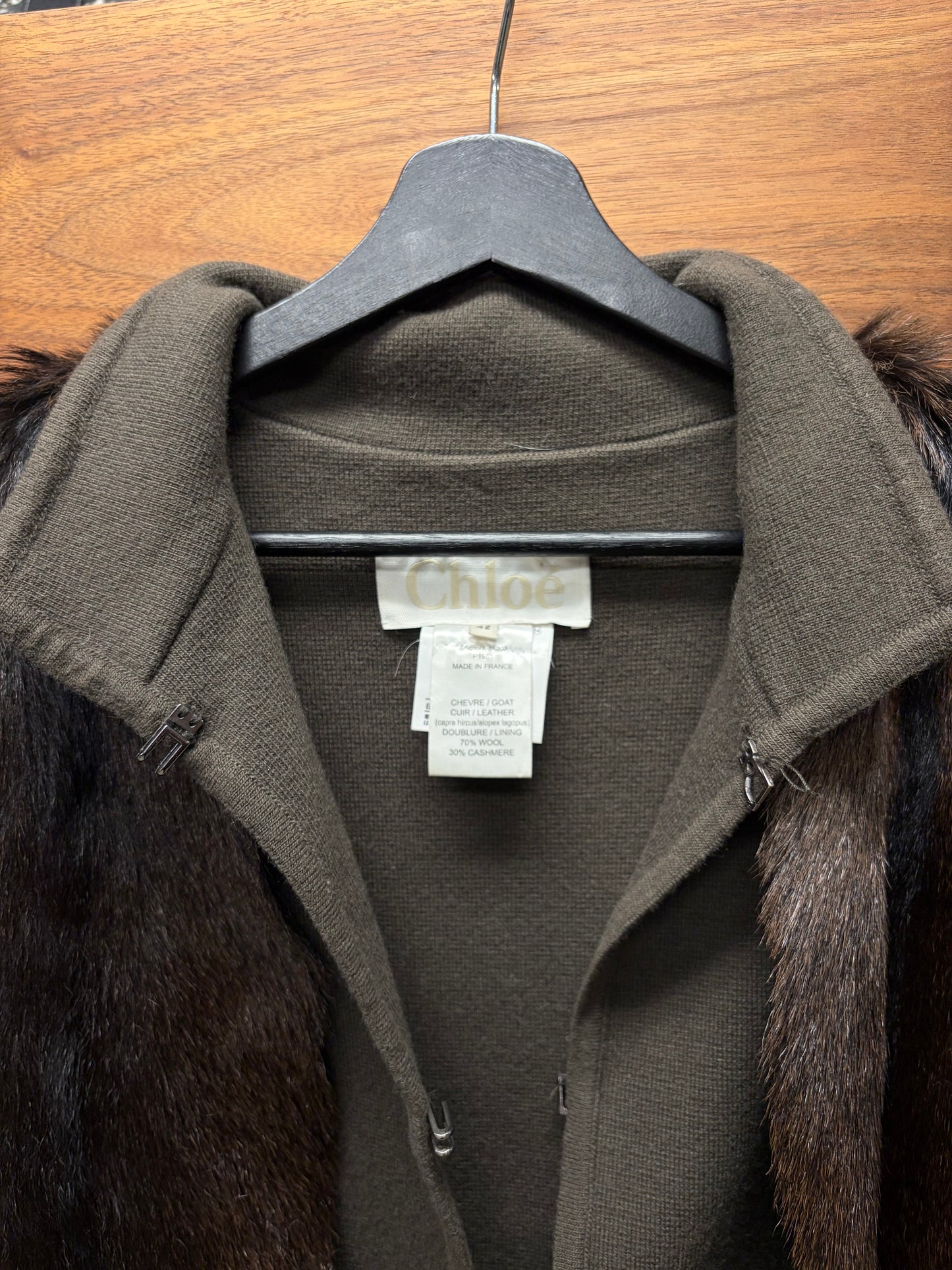 Chloe Genuine Goat Fur Layered Cashmere/Wool Blend ‘Hook n Eye’ Collared Sweater