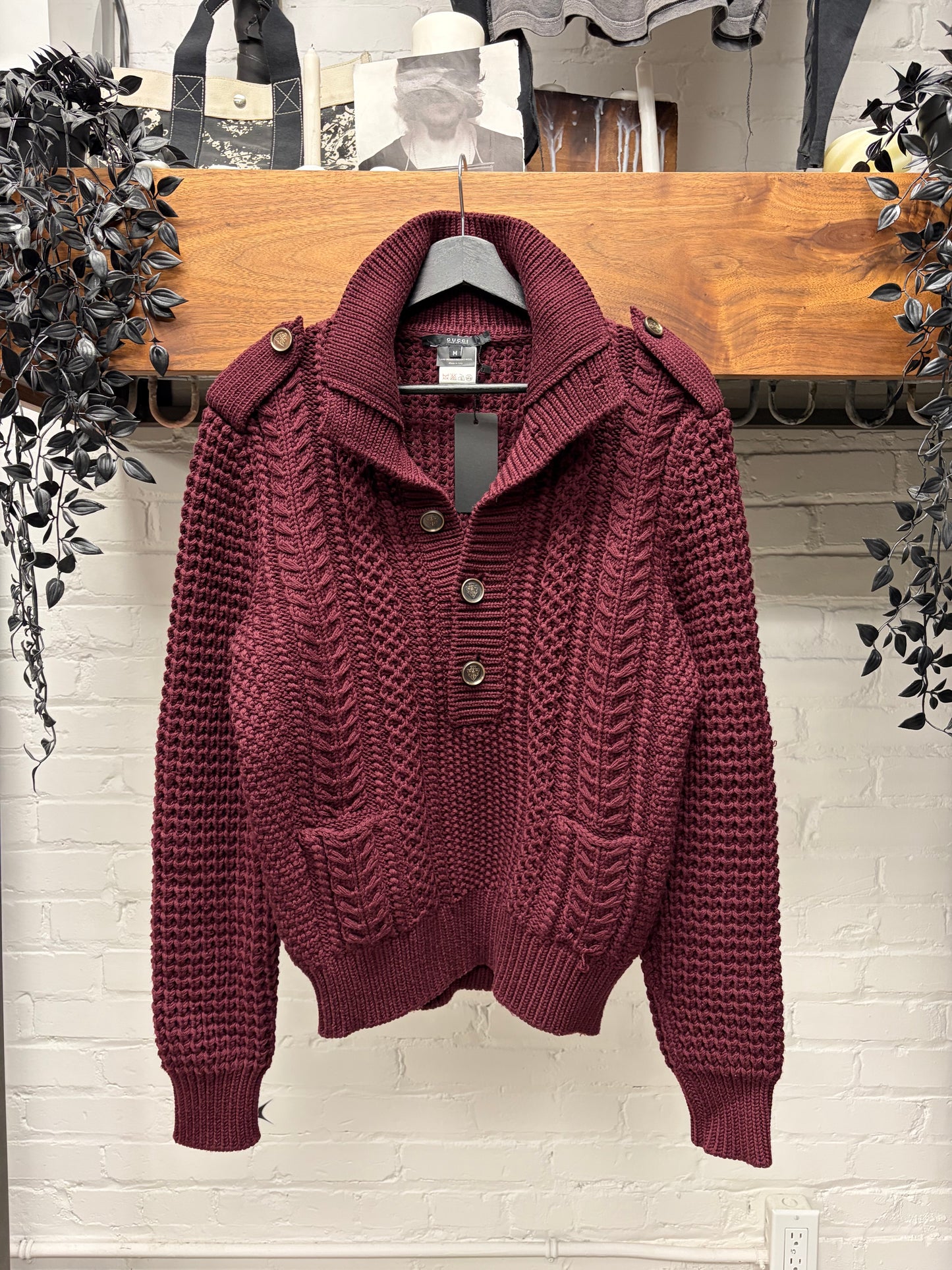 2000s Gucci by Frida Giannini Military Inspired Merino Wool Cable Knit Sweater