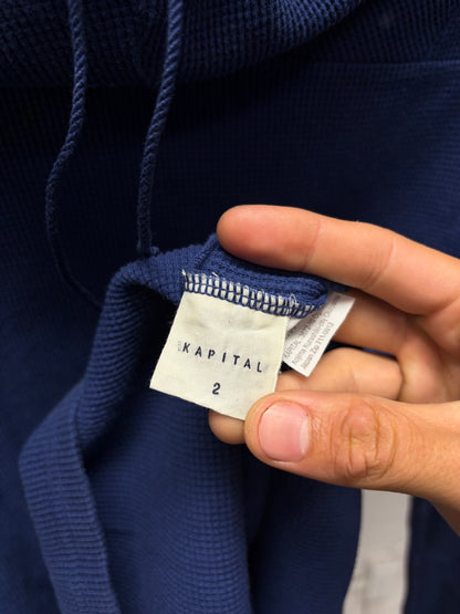 Kapital Military Inspired ‘Smock Neck’ Thermal Cotton Indigo Blue Pullover Hoodie