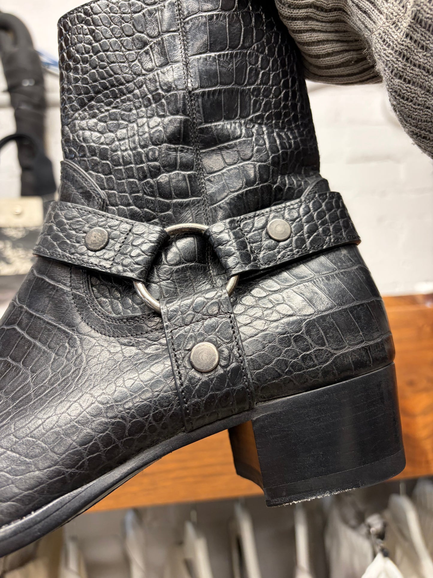 Saint Laurent Black ‘Crocodile’ Black Embossed Leather ‘Wyatt’ Harness Boots