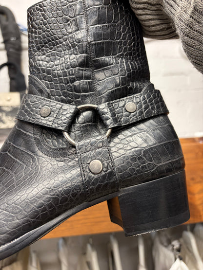 Saint Laurent Black ‘Crocodile’ Black Embossed Leather ‘Wyatt’ Harness Boots