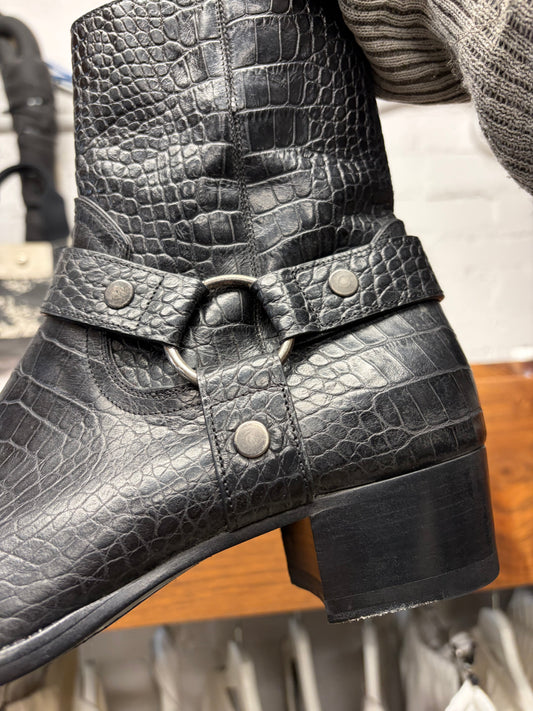 Saint Laurent Black ‘Crocodile’ Black Embossed Leather ‘Wyatt’ Harness Boots